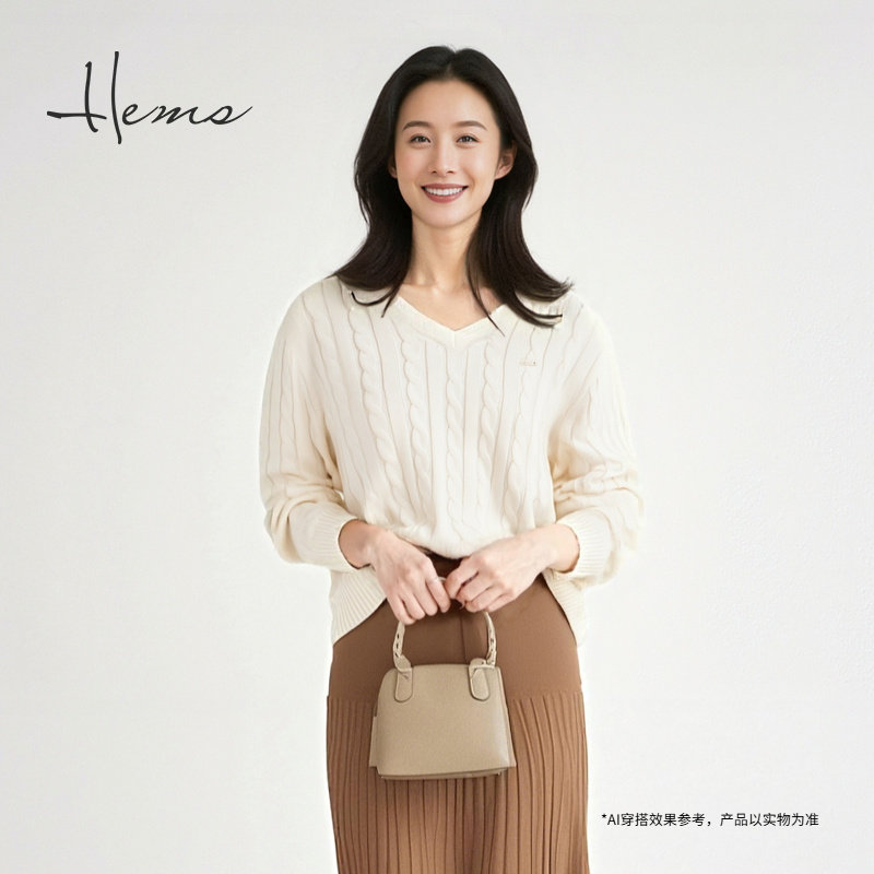 海尔曼斯25早秋新品老钱风简约ins慵懒V领麻花羊毛衫女H3041B41