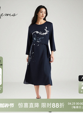 海尔曼斯春夏新品设计感手绘新中式体制内优雅气质连衣裙21888A65
