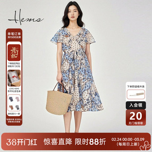 海尔曼斯夏季小众设计师款轻奢印花灵动飘逸短袖连衣裙D1603C64