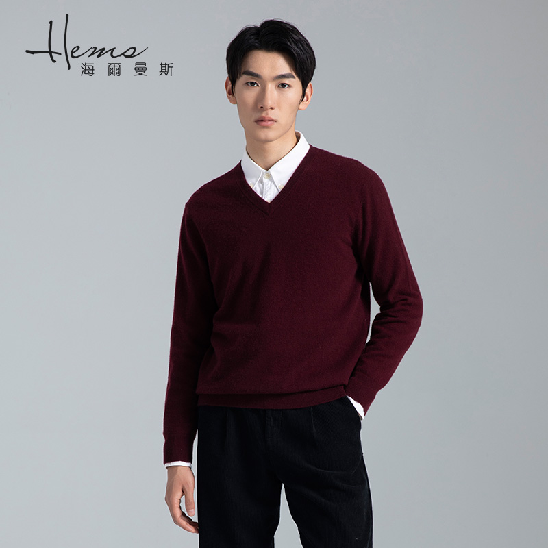 海尔曼斯秋冬V领羊绒衫商务休闲软糯针织衫廓形男毛衣保暖套头衫