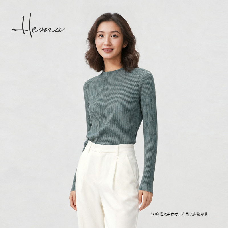 海尔曼斯25秋冬新品圆领修身显瘦简约气质羊毛打底针织衫D1936D41