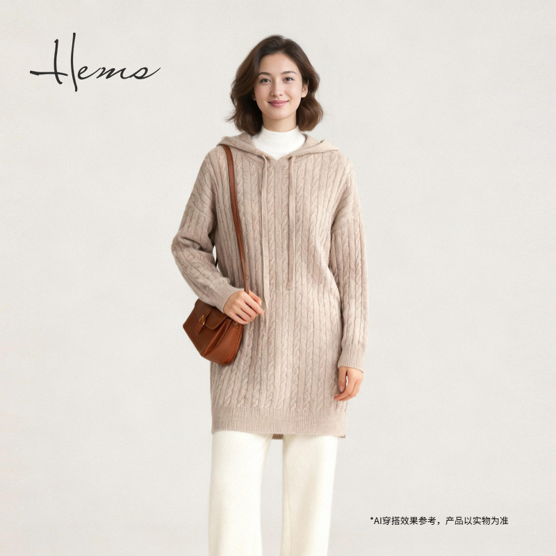 海尔曼斯25冬季新品老钱风经典麻花连帽卫衣款羊毛针织衫230R2B41