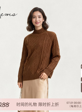 海尔曼斯25冬季新品生巧可可华夫复古半高领菱格羊绒衫女D2997D71