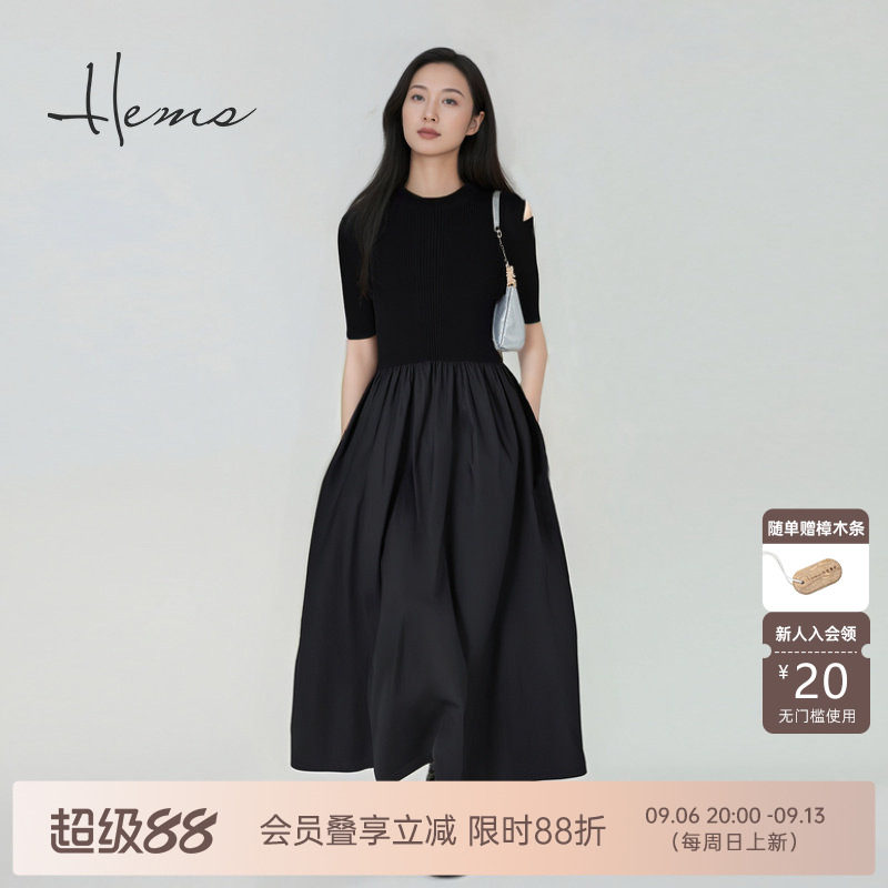 海尔曼斯早秋新品针织短袖拼接度假气质收腰纸片人连衣裙24092A9Q