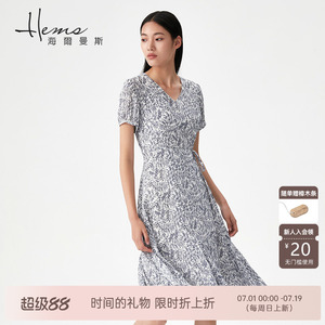 【门店同款】海尔曼斯夏季新款桑蚕丝连衣裙V领印花长裙修身系带