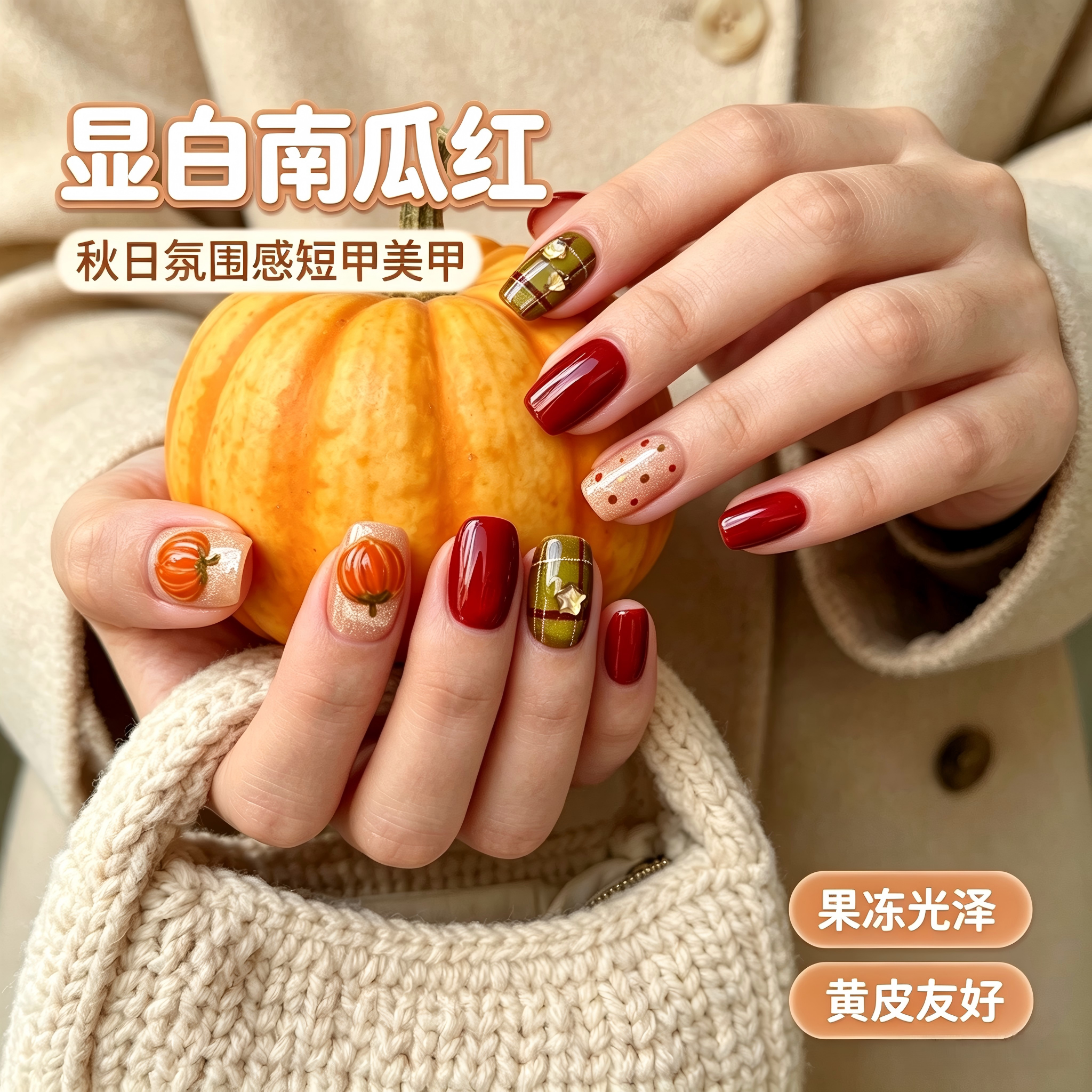 板栗南瓜~秋冬手绘立体可爱南瓜跳色手工穿戴甲美甲中长短款晴雯