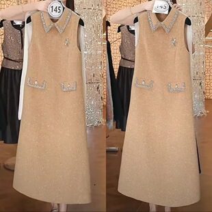 法式赫本风高级感轻奢无袖连衣裙2026年秋冬新款中长款钉珠背心裙