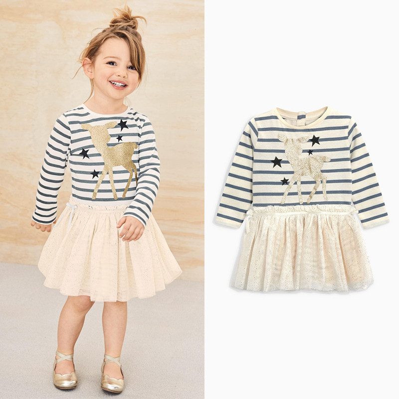 现货英国童装NEXT女童公主宝宝小鹿星星条纹蓬蓬裙长袖纯棉连衣裙