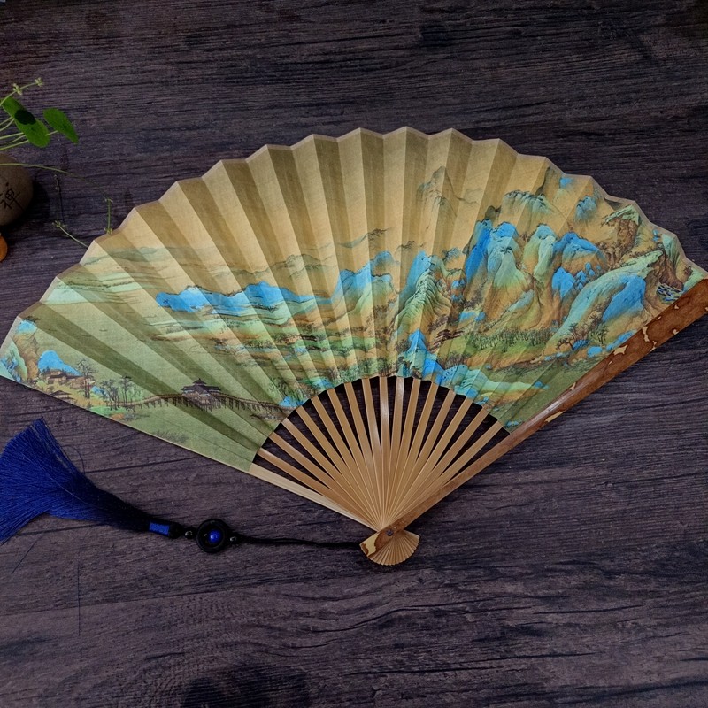 宣纸折扇千里江山图95寸天然梅妃斑竹扇配精品流苏文玩礼品扇子