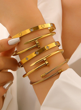 跨境不锈钢金色手镯套装镶钻钉子小蛮腰四叶草手镯gold bangles
