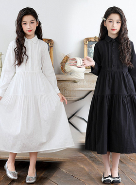 中大童秋装连衣裙2025新款春秋女童长袖纯棉白色衬衣裙初中学生裙