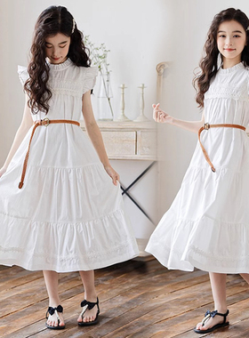 女童连衣裙夏季新款2025花边飞袖新款儿童裙白色洋气生日公主裙子