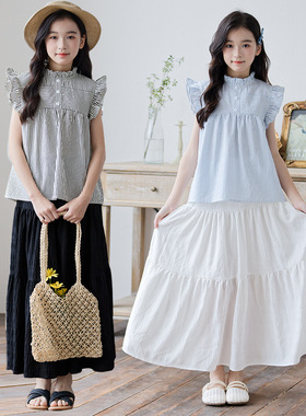 中大童夏装新款2025女童衬衣+半身裙子两件套装百搭中长裙子童装