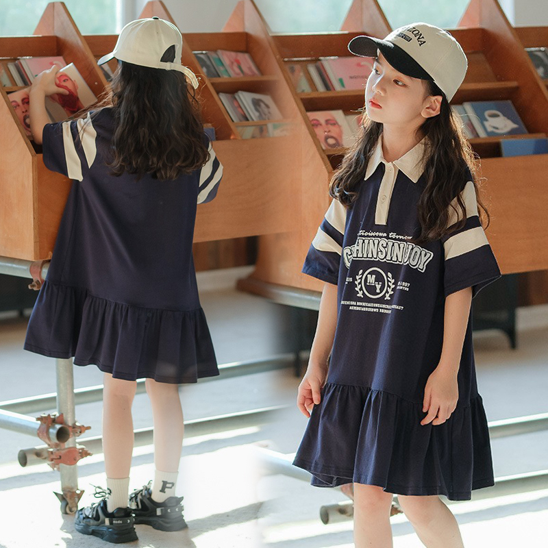 女童连衣裙2025夏季新款中大童撞色拼接洋气运动学院风休闲卫衣裙