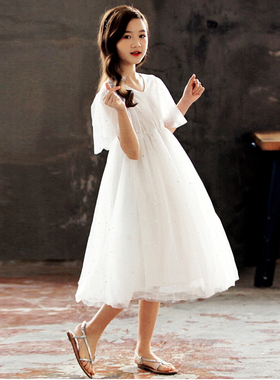 女童连衣裙2025夏季新款中大童公主纱裙儿童六一表演出白色礼服裙