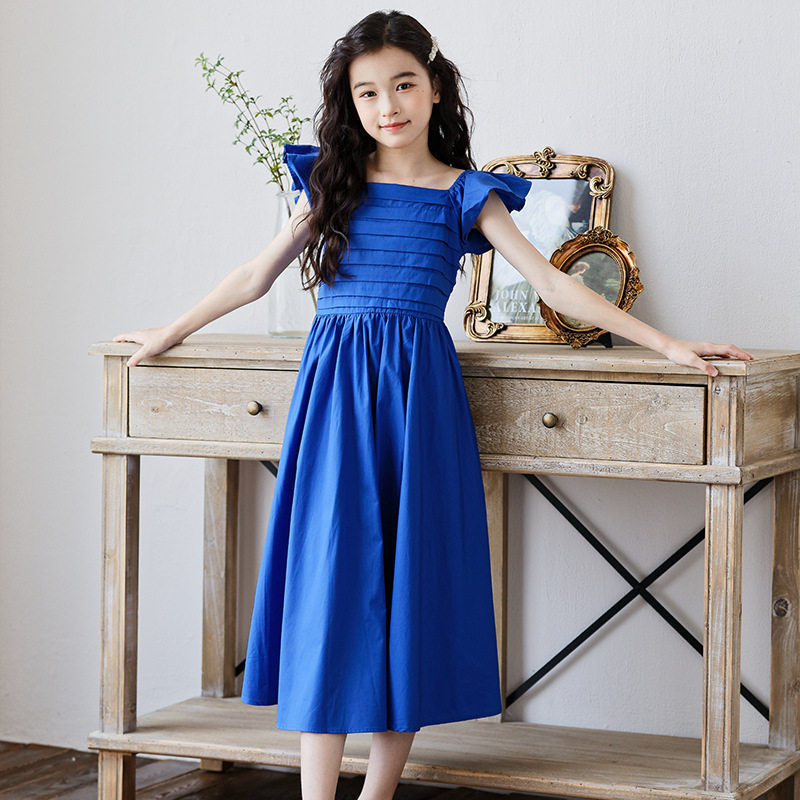 中大童连衣裙夏季2025新款舒适纯棉女童装初中生宝蓝色大摆长裙子