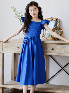 中大童连衣裙夏季2025新款舒适纯棉女童装初中生宝蓝色大摆长裙子