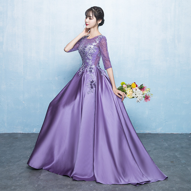 主持人晚礼服裙女气质大合唱演出服长款紫色宴会高贵大气指挥服装