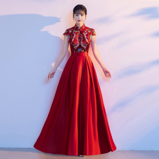 红色中式国风旗袍演出服女气质高端大合唱团民歌指挥晚礼服高级感