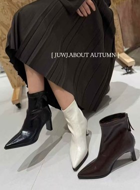 酷秀2905-1粗跟高跟尖头短靴时尚韩版显瘦大长腿后拉链短靴女有34