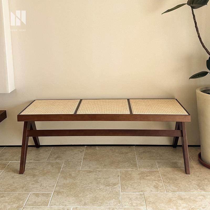 弄舍 侘寂风藤编实木长凳复古中古风卧室床尾凳昌迪加尔长条凳子,住宅家具,换鞋凳,淘宝优惠券,粉丝福利购,淘宝优惠卷