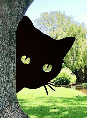 黑猫偷看农场户外装饰雕塑庭院盆栽铁艺插件花园木桩乡村树木装饰