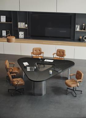 实木三角形黑色小型会议桌4人轻奢高级感接待商务培训桌洽谈桌椅