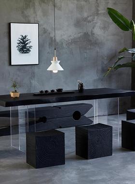 侘寂风碳化实木大板茶桌 民宿原木黑色餐桌 亚克力悬浮桌脚泡茶桌