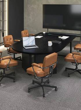 创意圆头实木黑色商务洽谈桌椅简约现代小型会议桌6人轻奢高级感