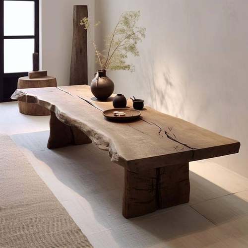 侘寂风茶桌原木大板桌自然边长桌办公桌古典松木民宿实木餐桌茶台