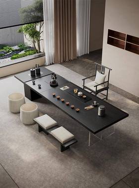 轻奢高级感黑色实木长条茶桌书桌一体两用茶台带茶盘一体2025新款