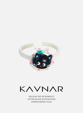 可爱卡通风波点帽兜猫咪可调节开口指环戒指女小众轻奢食指戒