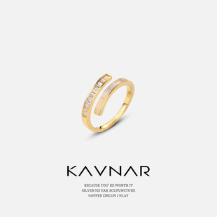 ins风白桥形贝壳微镶锆石可调节开口指环戒指女小众轻奢食指