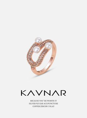 天然珍珠微镶锆石马蹄扣可调节开口指环戒指女小众轻奢食指戒