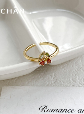 精致复古樱桃锆石女戒气质时尚甜酷小众可调节开口百搭食指戒手饰