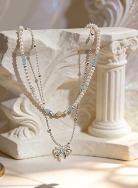 蓝色水晶串珠项链轻奢气质精致碎银子水晶蝴蝶结叠戴锁骨链女颈链