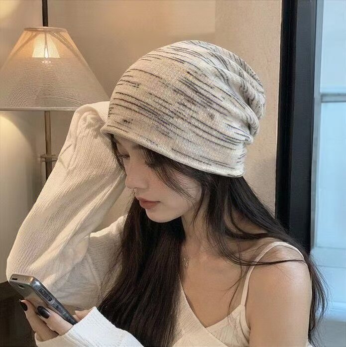 韩国代购女秋冬绒面条纹保暖堆堆帽时尚慵懒风显脸小毛线帽护头帽