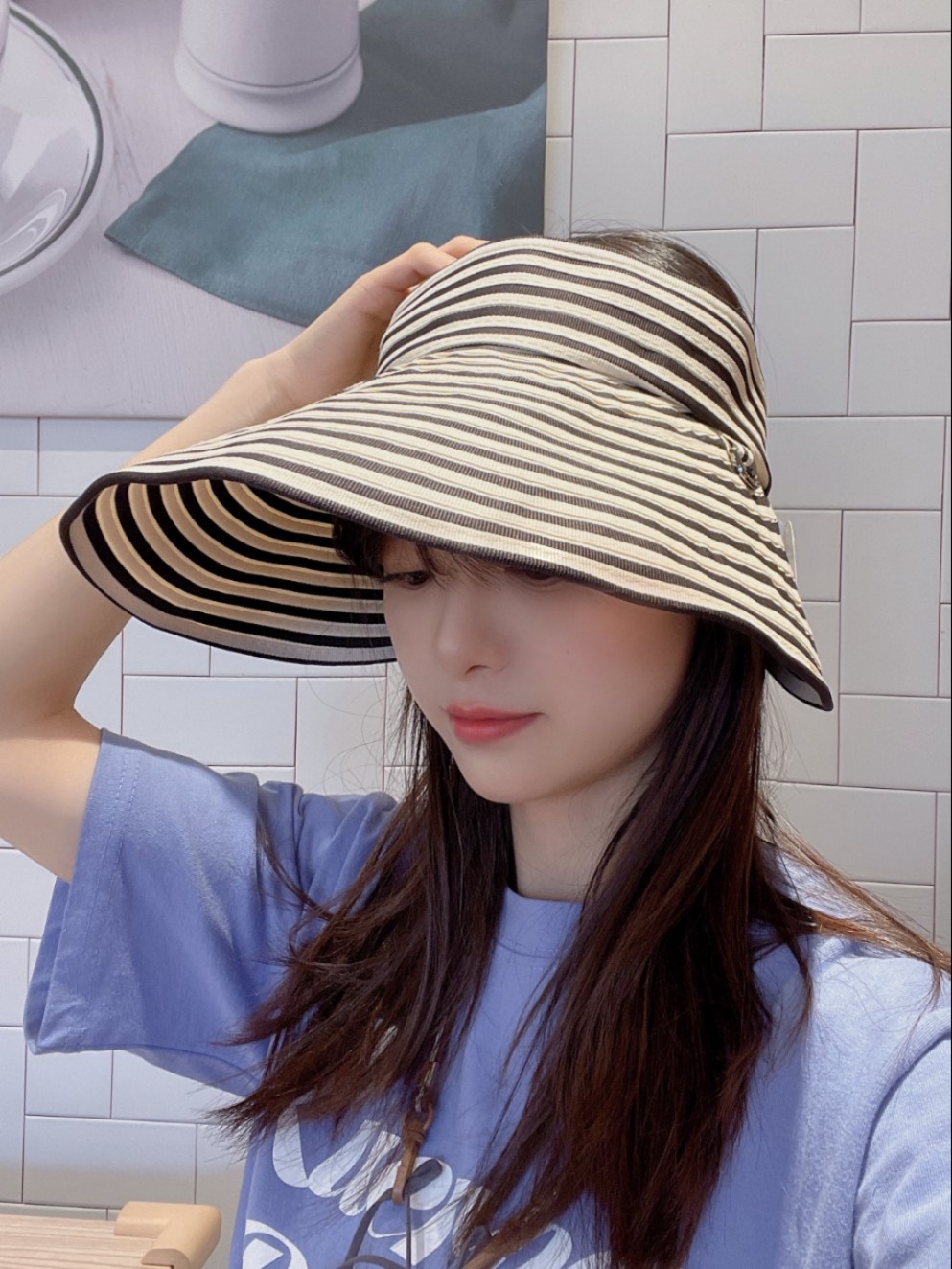 韩国进口夏便携条纹大檐帽遮阳帽