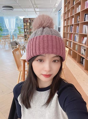 加厚保暖毛球帽女款秋冬针织帽子
