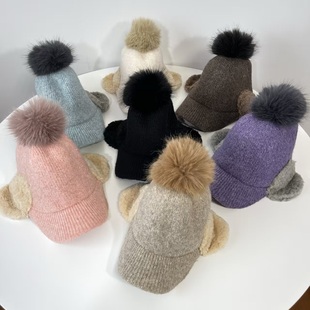 韩国代购冬季护耳保暖护耳帽时尚毛球可爱含羊毛针织帽女款纯色帽