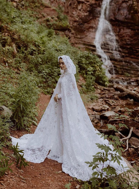 欧美田园性感蕾丝披风白色象牙色长款连帽披肩舞台表演大裙摆斗篷