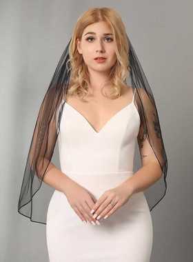 欧美女士新款单层新娘结婚头纱短款黑色薄款头饰新娘结婚拍照素纱