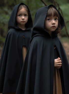 黑色绿色文艺复兴时期连帽斗篷带兜帽中世纪霍比特人万圣节服装