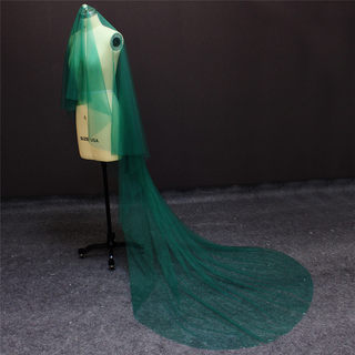 新款女士绿色网纱头纱新娘长款大拖尾单层森系带发梳3米头饰