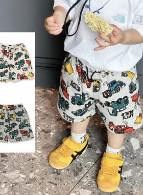 日本 FOKIDS 2026夏儿童卡通工程车卡车挖掘机油罐车运动5分短裤