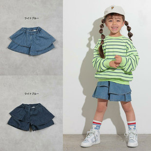 日本马基 Markeys 2025夏女童松紧腰柔软牛仔裤宽松百褶休闲短裤