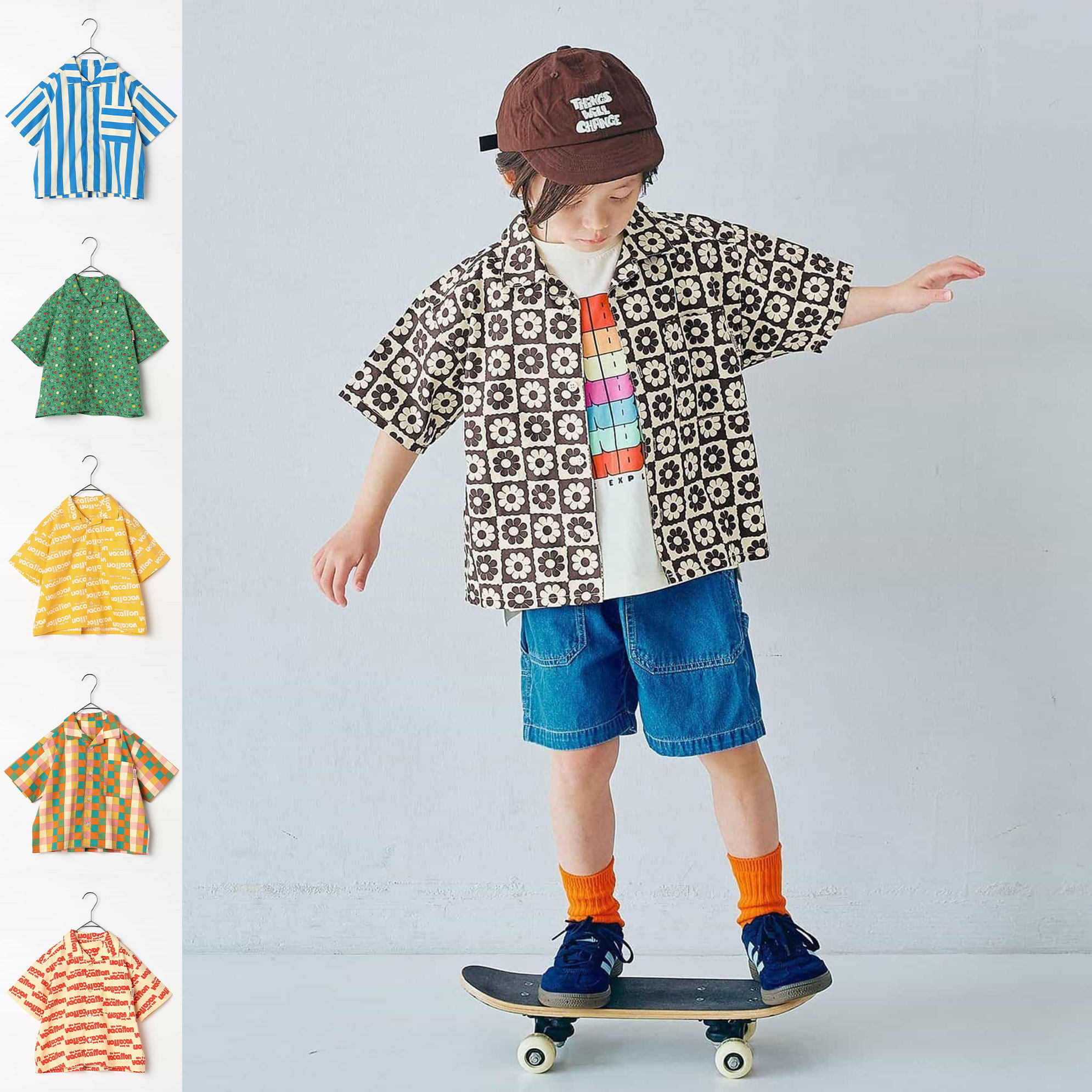 日本 p.premier 2026夏儿童装彩色格子字母条纹碎花翻领短袖衬衫