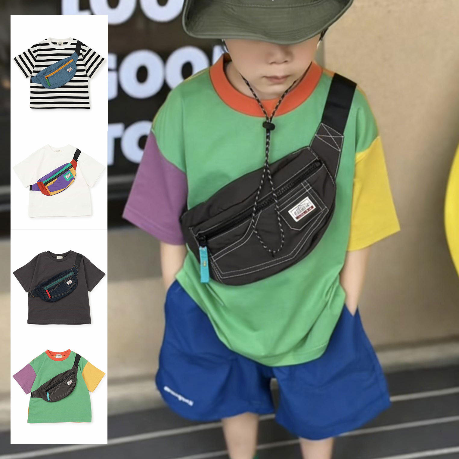 日本 F.O.KIDS 2026夏儿童刺绣彩色拉链斜挎腰包圆领拼色短袖T恤