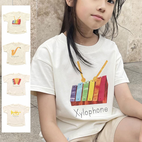 日本 BITZ 2026夏儿童卡通管乐队手风琴小号印花纯棉圆领短袖T恤