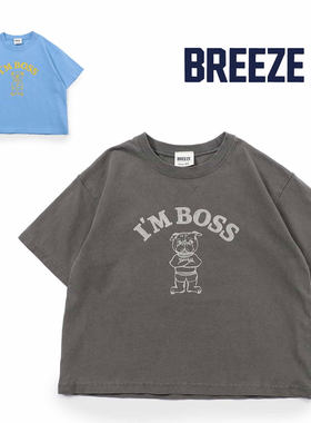 日本 BREEZE 2025夏儿童装卡通老板小熊烫金印花条纹宽松短袖T恤